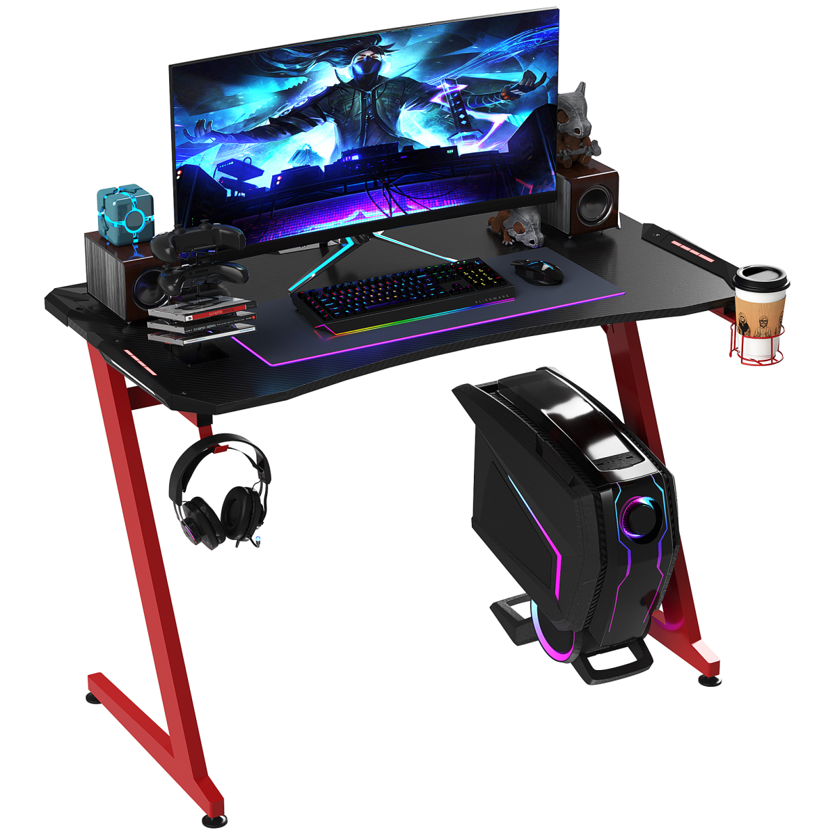 Ultimate Gaming Desk: Organized & Stylish with Cup Holder & Headphone Hook