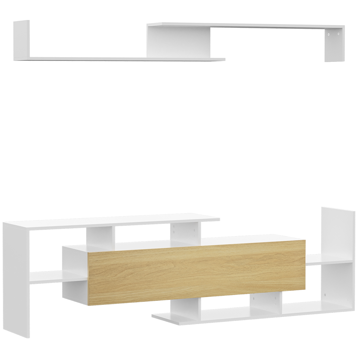 HOMCOM TV Cabinet Unit w/ Wall-Mounted Shelf, Open Shelves White and Natural
