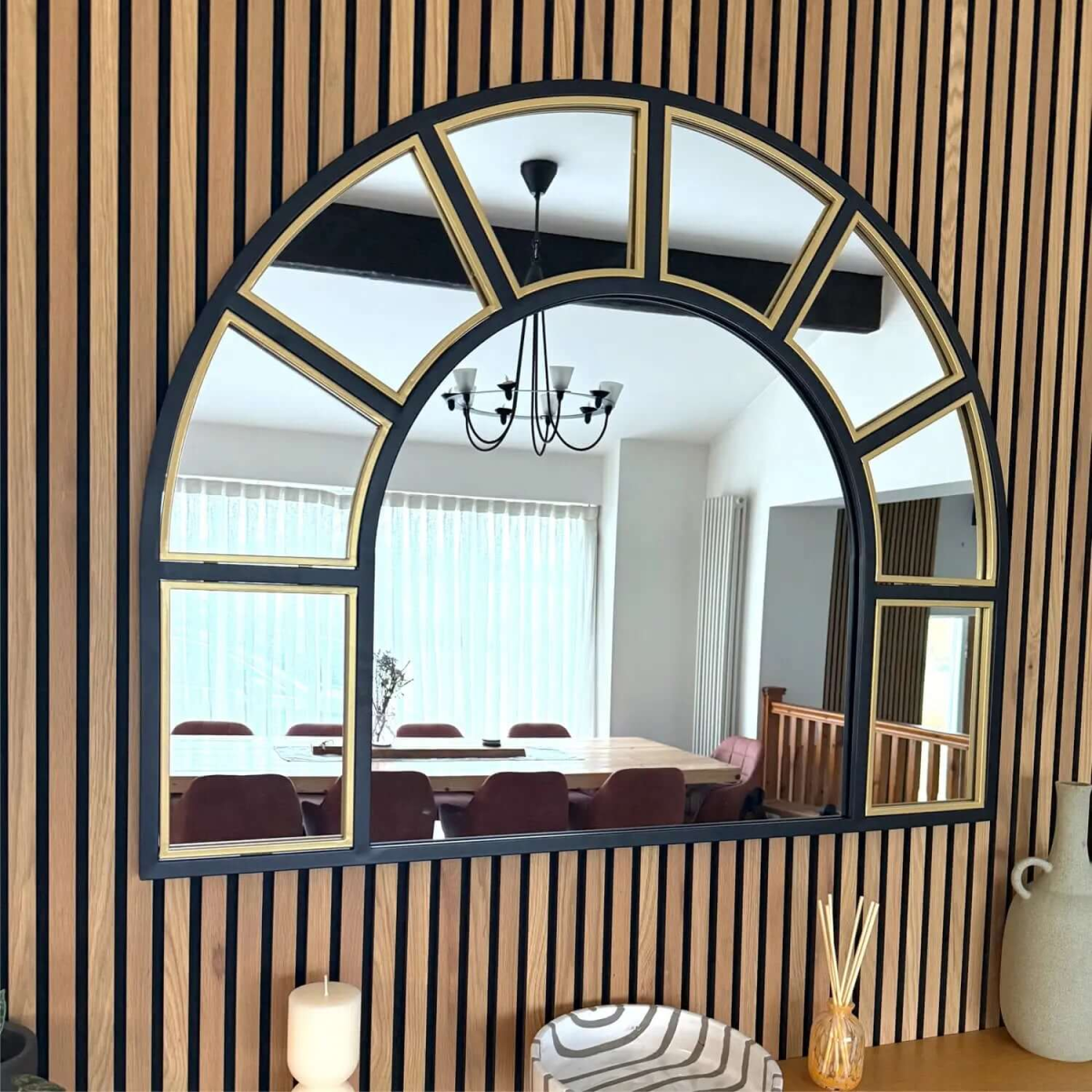 Mio Luxe Black & Gold Arched Metal Window Mirror - 95cm x 120cm Elegance