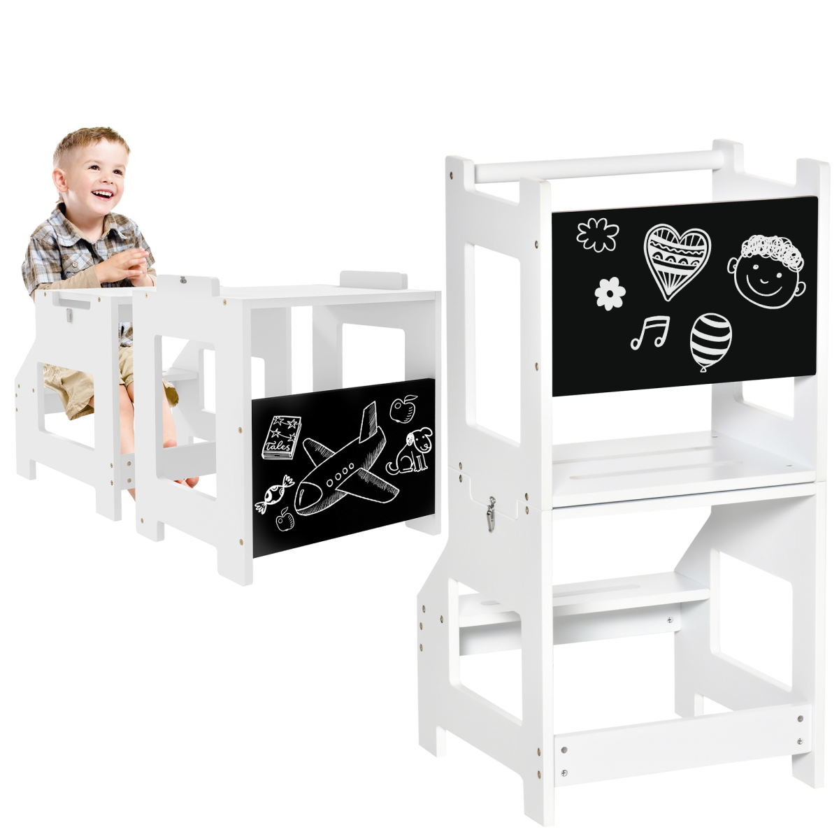 2 in 1 Kids Kitchen Step Stool Helper with Safety Rail Learning Tower