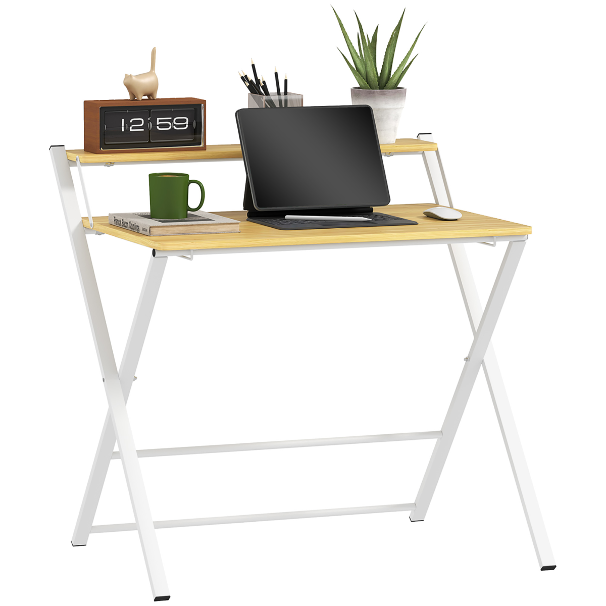 Space-Saving HOMCOM Folding Desk with 2-Tier Shelf – Stylish Maple Wood Design