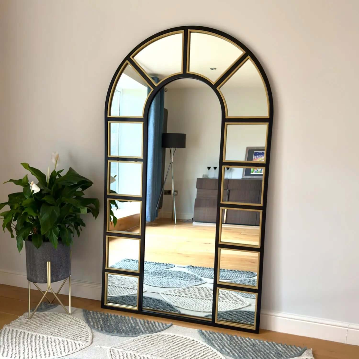 Mio Black & Gold Arched Window Mirror - Luxurious Statement Piece, 180cm x 105cm