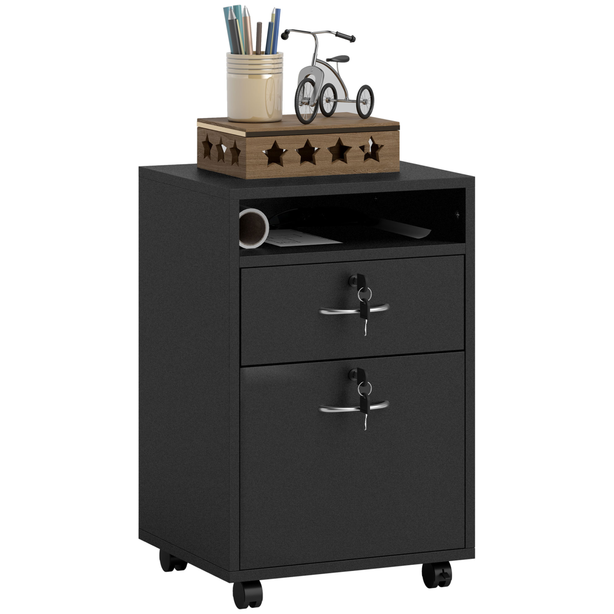 HOMCOM 60cm Storage Cabinet with Drawers and Open Shelf, Black