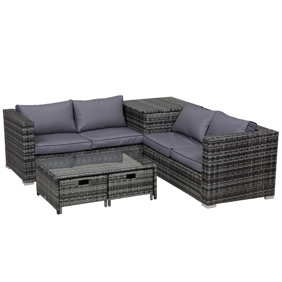 4pcs Rattan Sofa Storage & Table & 2 Drawers Cushions Corner Trunk Coffee Grey