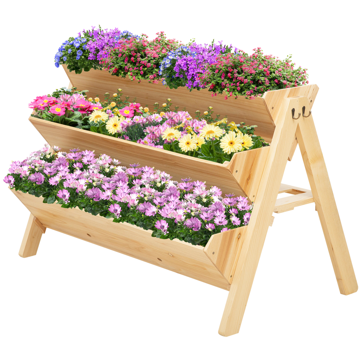 3 Tier Wooden Stand Vertical Plant Bed Storage & Clapboard & Hooks, 120x68x80cm