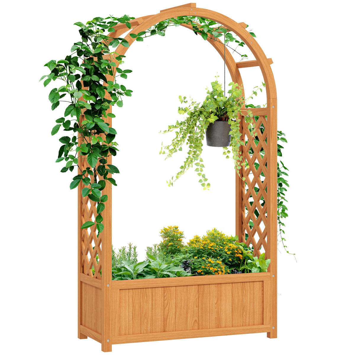 Outsunny Wooden Raised Garden Bed with Trellis & Fabric Liner for Easy Planting