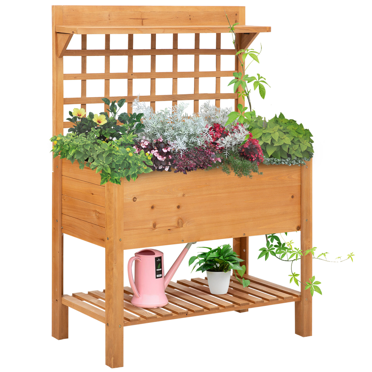 105x40x135cm Wooden Planter Raised Elevated Bed Planter Flower with 2 Shelves