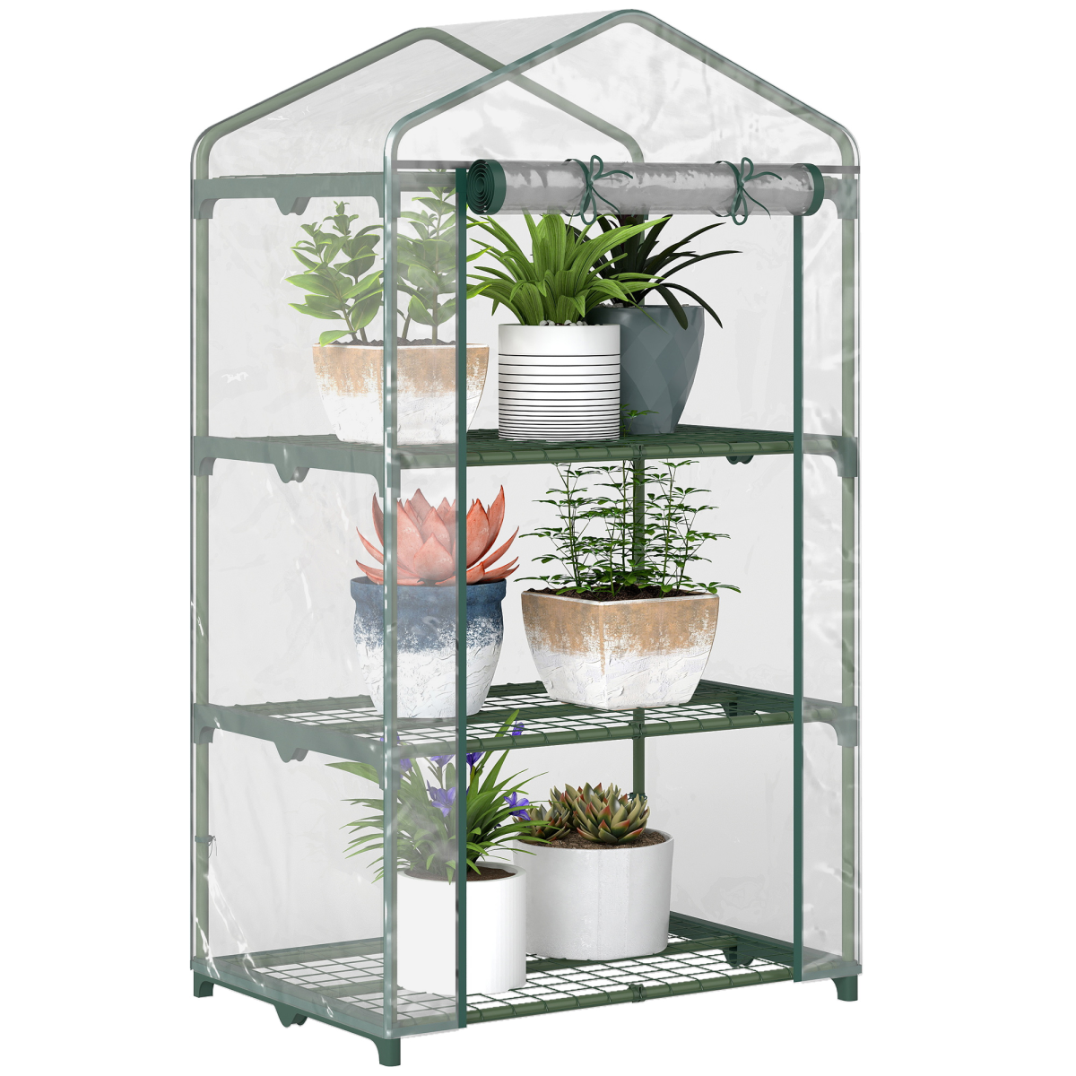 3 Tier Mini Greenhouse Roll Up Door Wire Shelves, 69x49x125cm, Clear