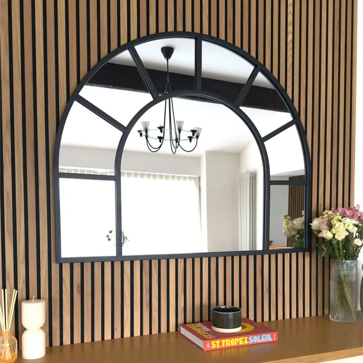 Mio Black Metal Arched Window Mirror - Elegant Design, 95cm x 120cm