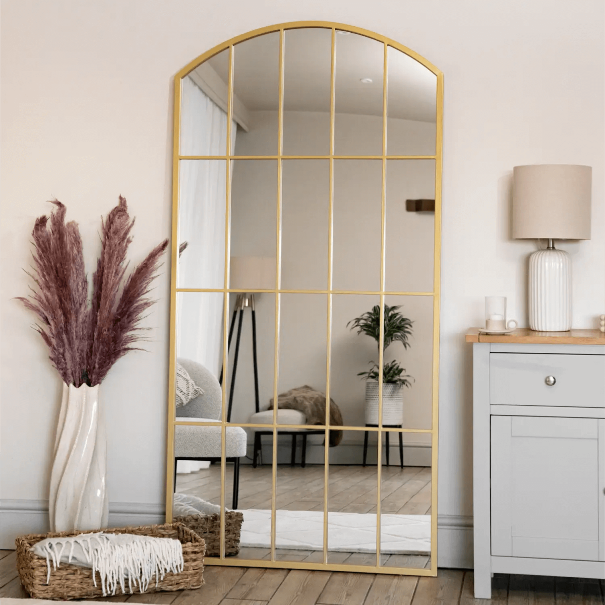 Tomi Gold Metal Arched Lattice Window Mirror - 180cm x 90cm Elegance