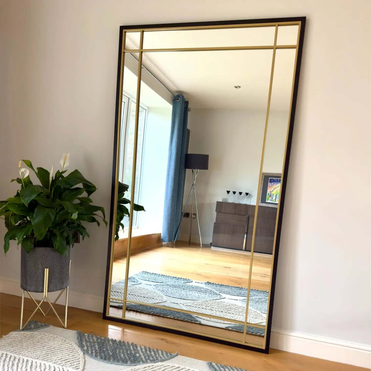 Aimi Black & Gold Metal Leaner Mirror - Oversized Elegance for Every Space