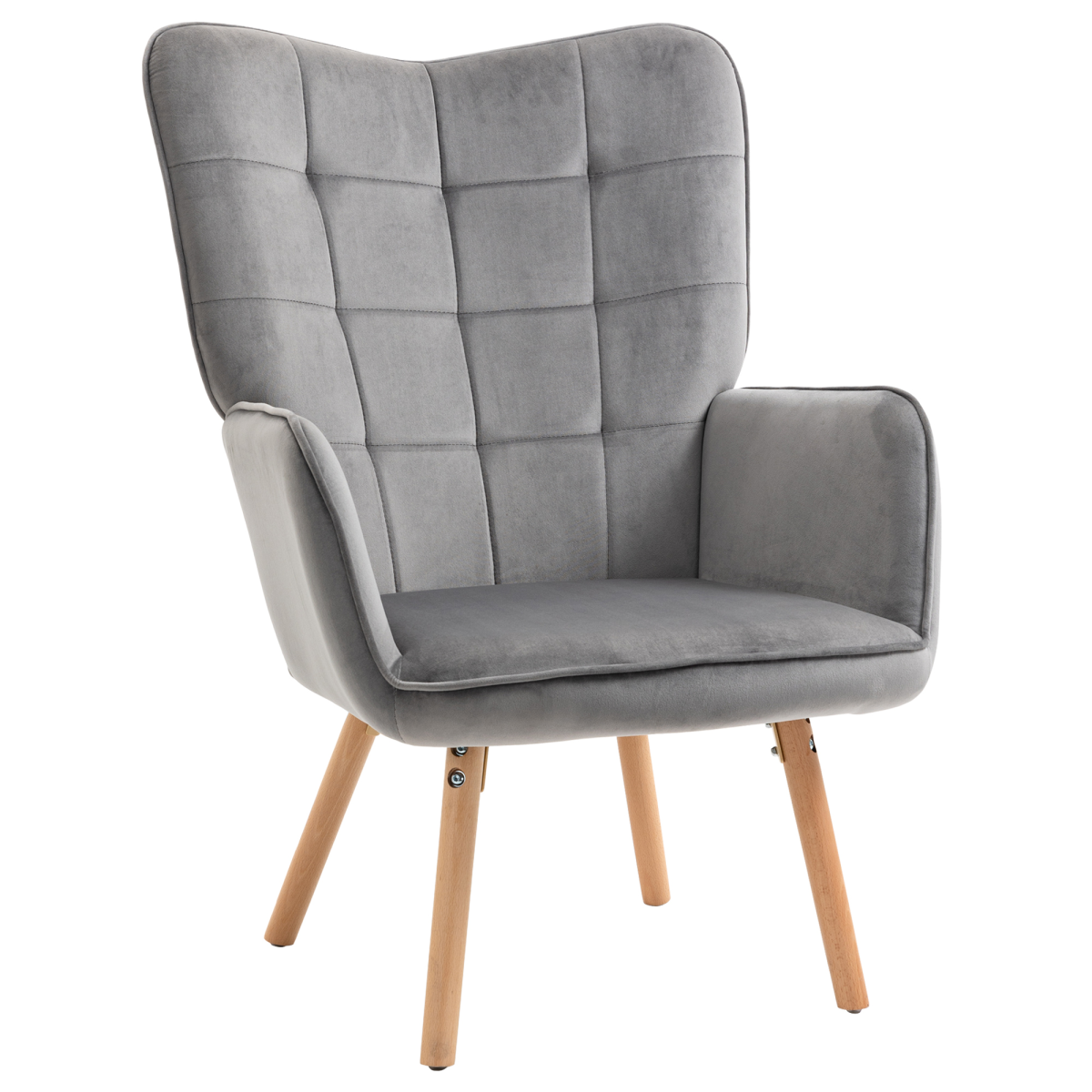 HOMCOM Modern Accent Chair Velvet-Touch Tufted Wingback Armchair Grey
