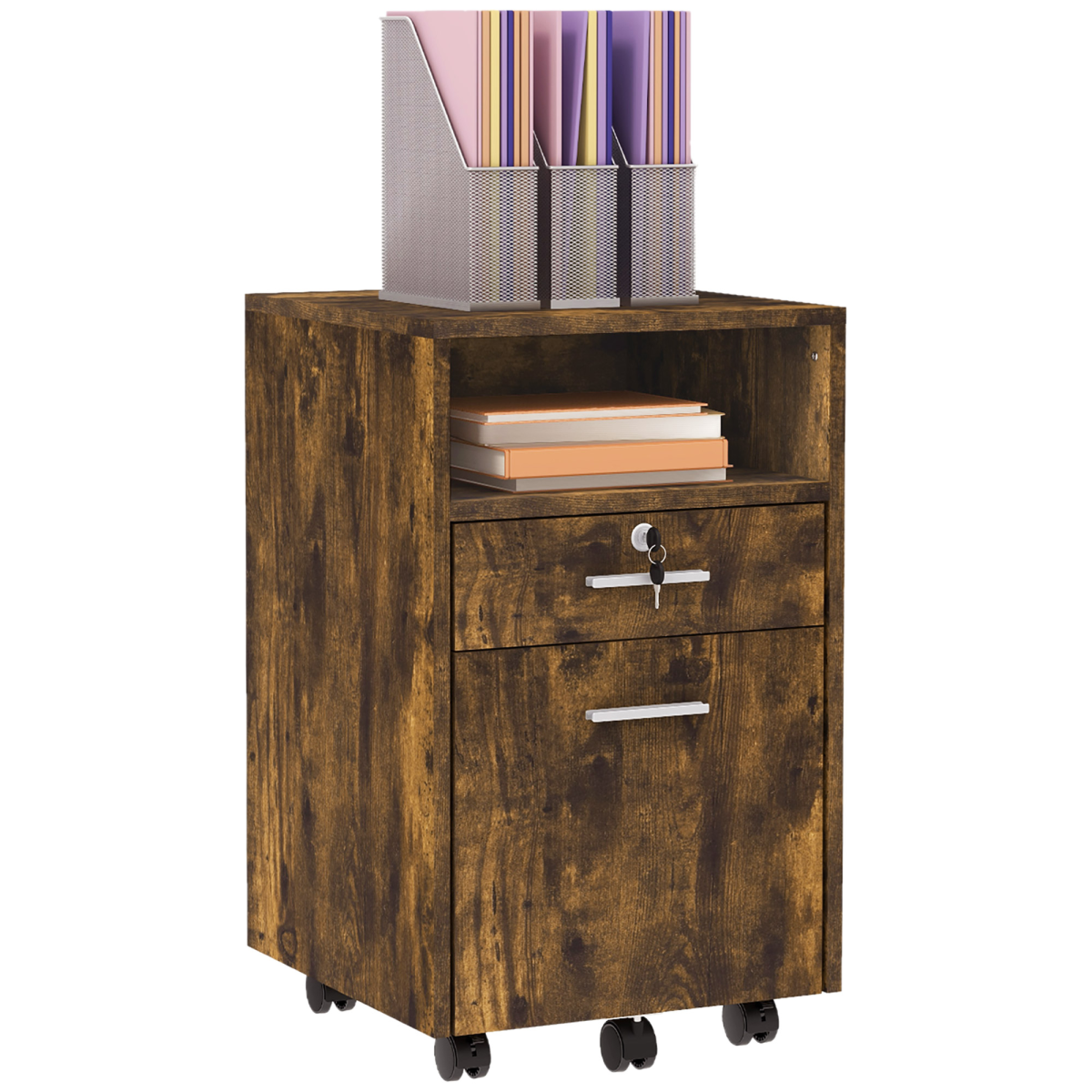 Vinsetto Rustic Mobile File Cabinet - Lockable, Wheeled & Stylish Storage Solution