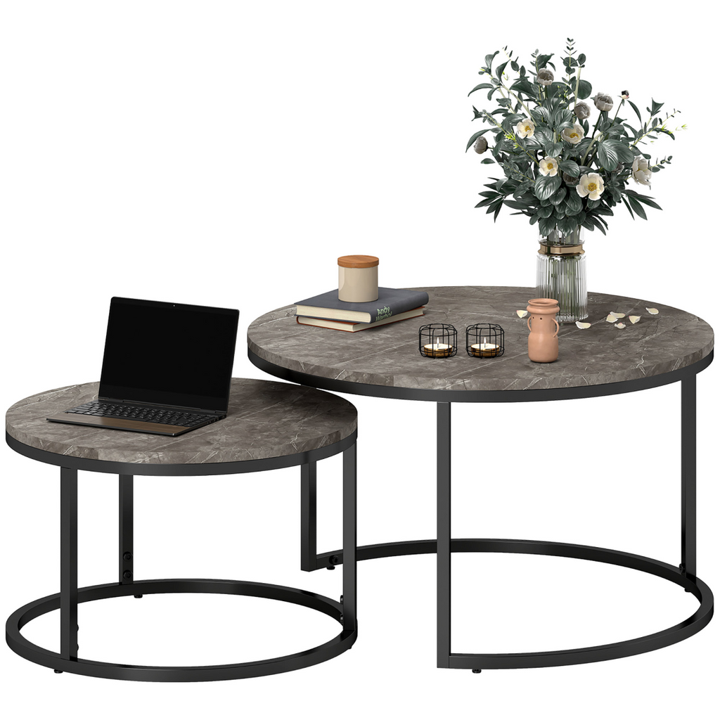 HOMCOM 2 Pcs Stacking Coffee Table Set Steel Frame Marble-Effect Top Foot Pads