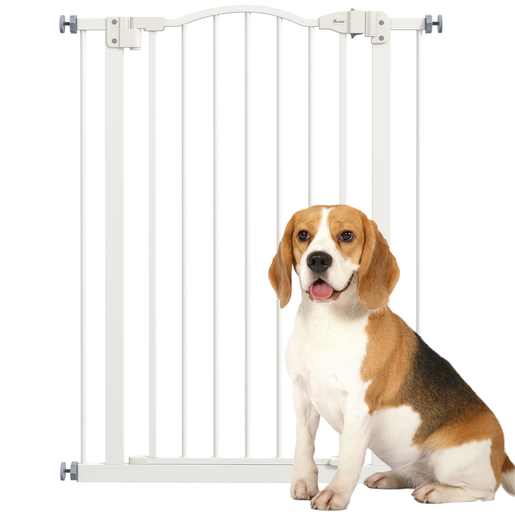 PawHut 74-80cm Adjustable Metal Pet Gate Safety Barrier w/ Auto-Close Door White