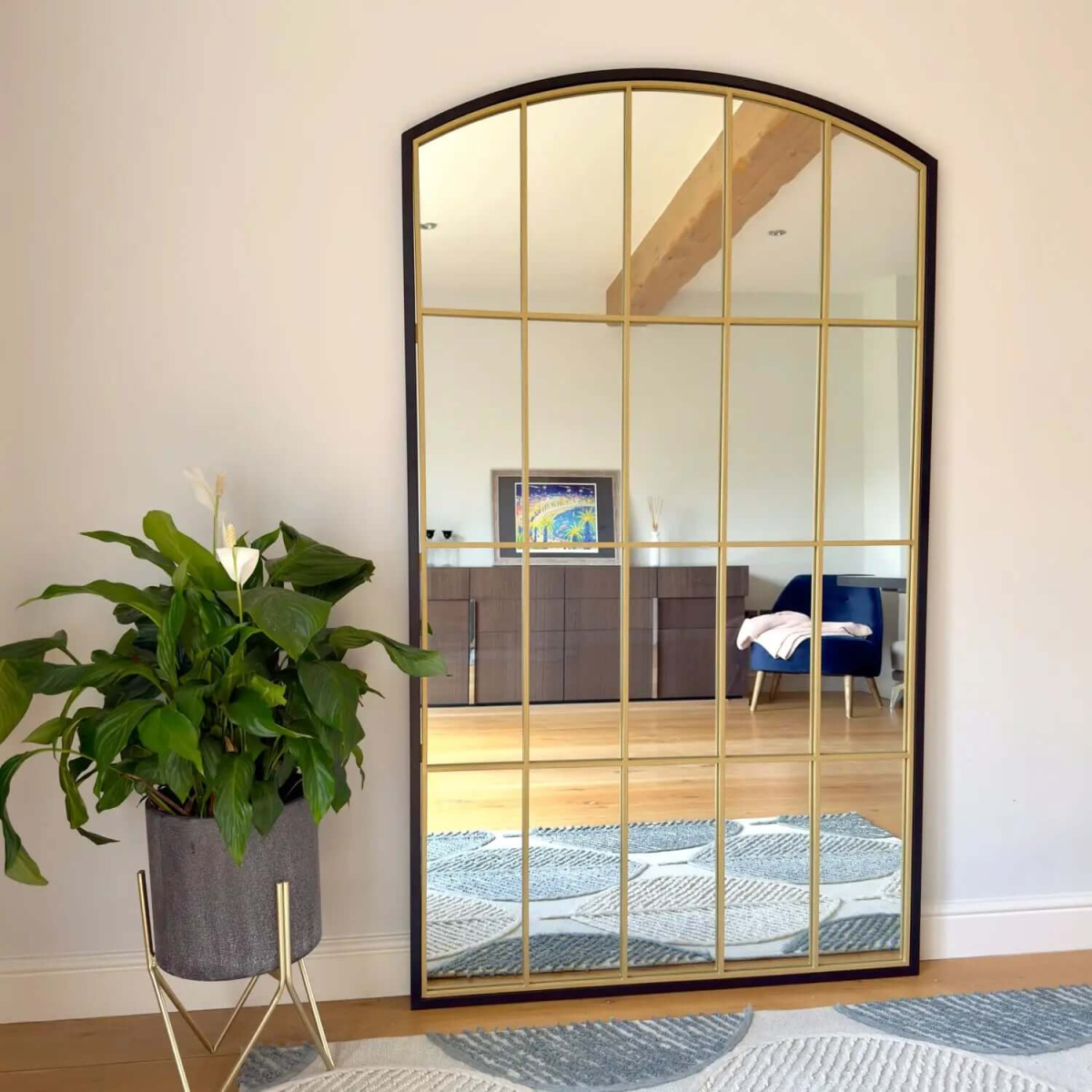 Tomi Elegant Black & Gold Arched Lattice Window Mirror - 180cm x 105cm