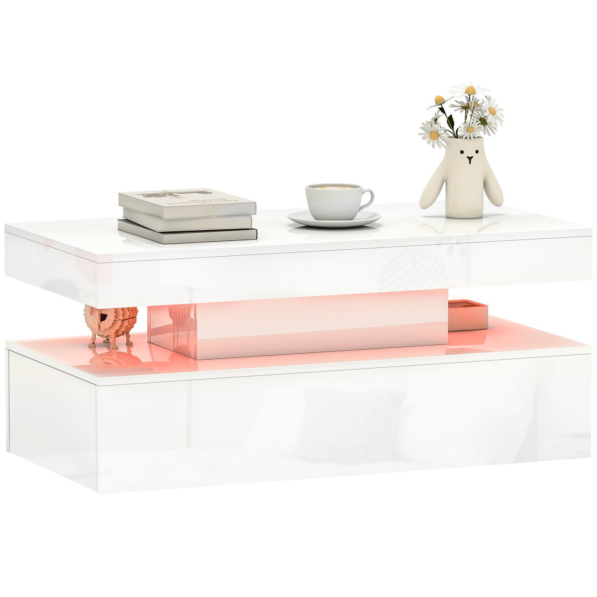 HOMCOM LED Coffee Table with Storage, High Gloss Living Room Table, White
