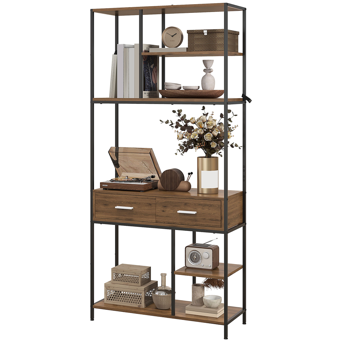 HOMCOM 5 Tier Free Standing Book Shelf with 2 Drawers for Study, Living Room
