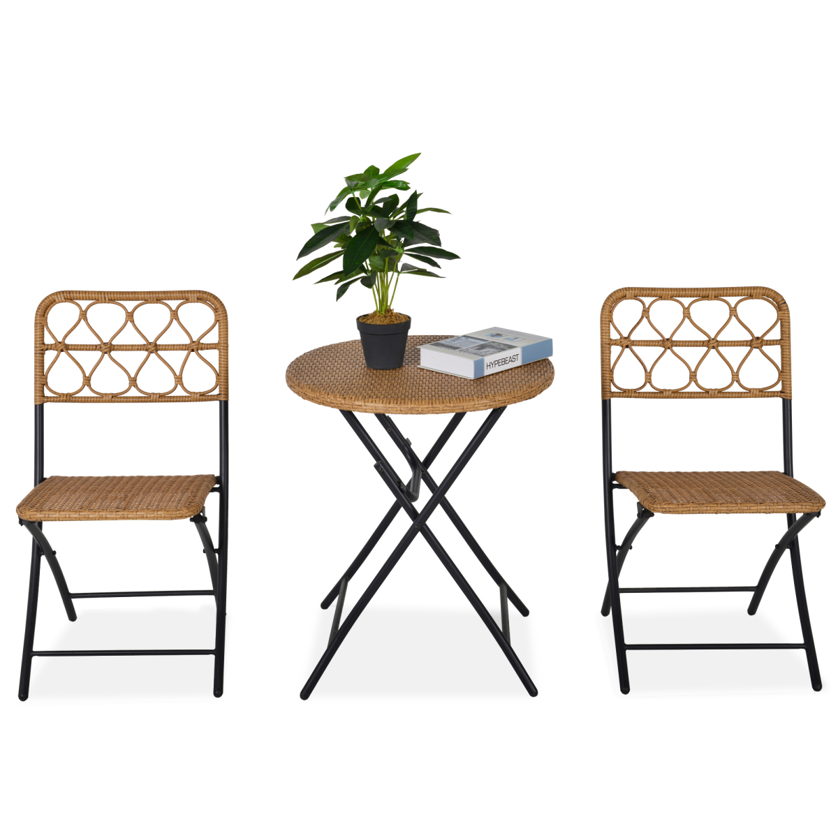 3 PCS Rattan Wicker Set Easy Folding, Hand Woven Rattan Coffee Table & Chairs