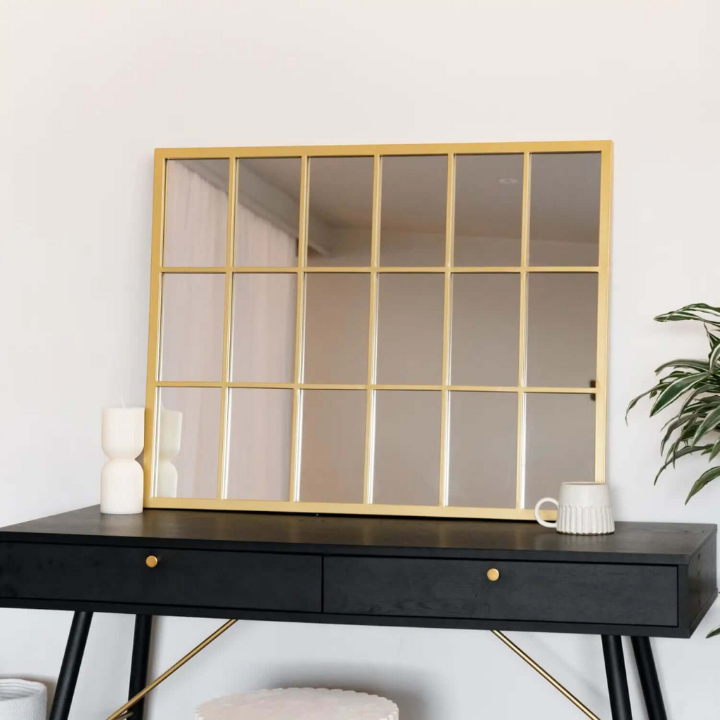 Kyō - Gold Metal Rectangle Lattice Window Mirror - 90cm x 70cm
