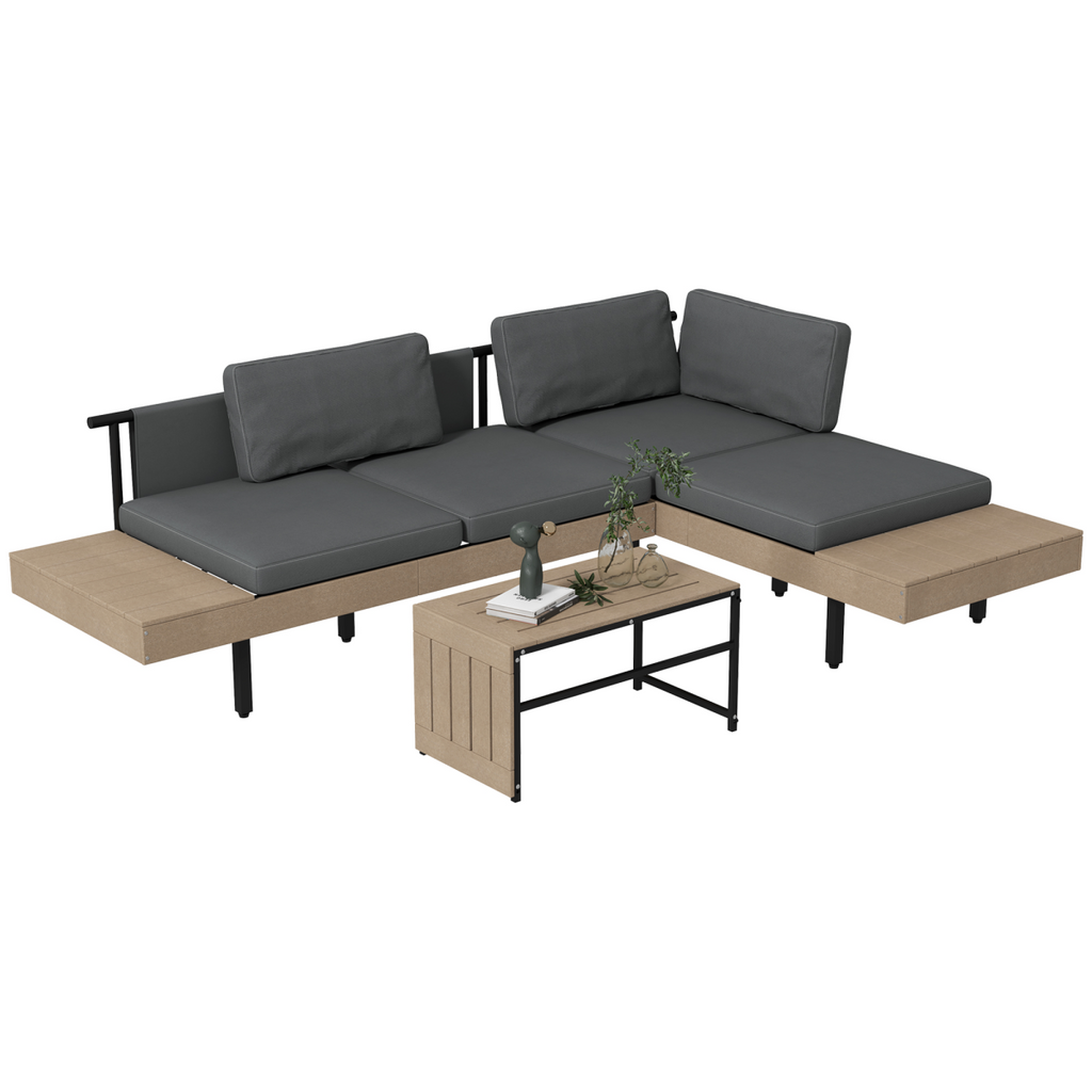 Outsunny HDPE Garden Furniture Sets with Cushions, Table, L-Shaped Sofa, Grey