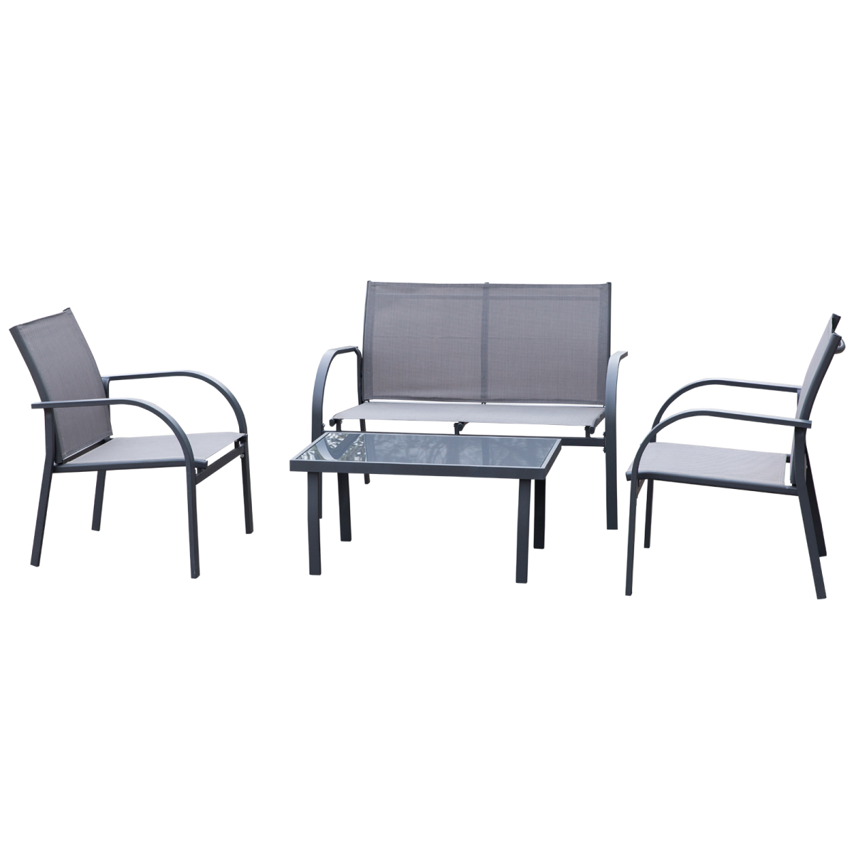 4 Pcs  Dining Set & Loveseat 2 Chairs Glass Top Table Seats Garden Grey