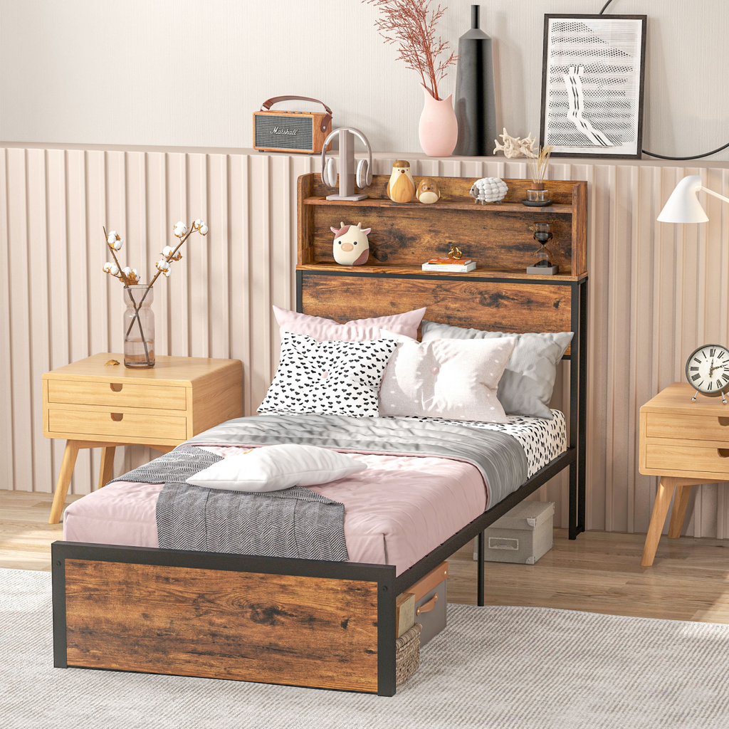 HOMCOM 3.1FT Single Bed Frame with Storage Headboard and Under Bed Storage
