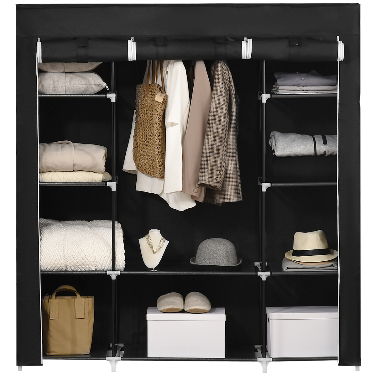 Fabric Wardrobe Portable Wardrobe with 10 Shelves 1 Hanging Rail Black
