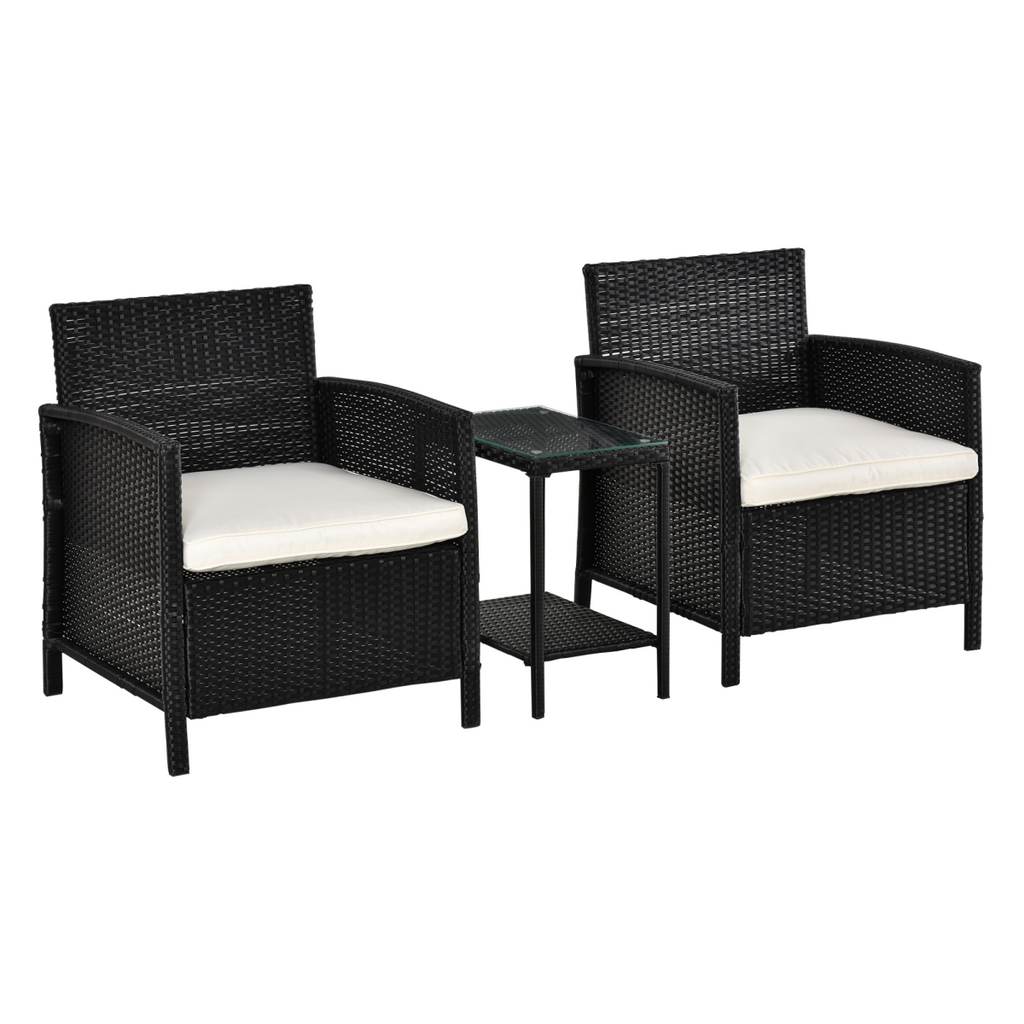 2-Seater PE Rattan Side Table & Armchair Bistro Set w/ Pillows Black
