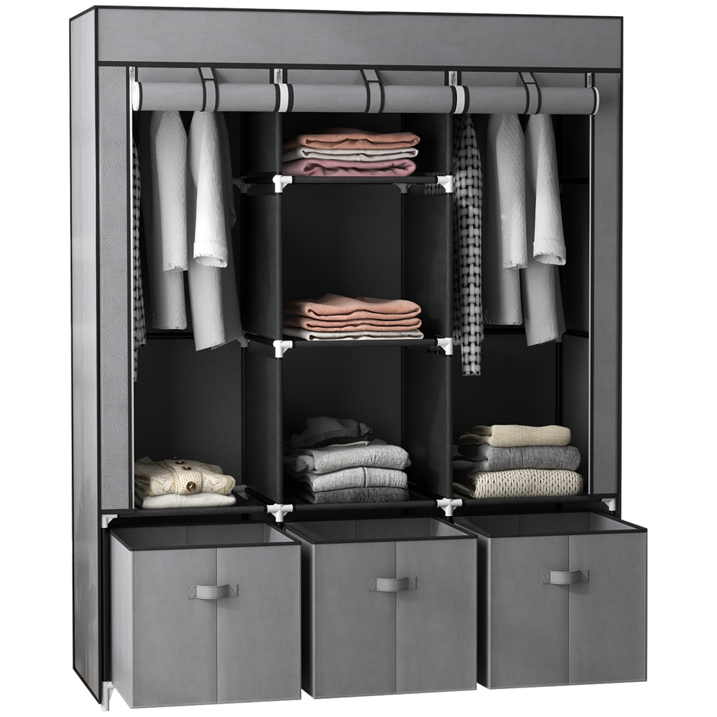 HOMCOM Portable Wardrobe w/ 5 Shelves 3 Fabric Drawers and 2 Hanging Rails Grey