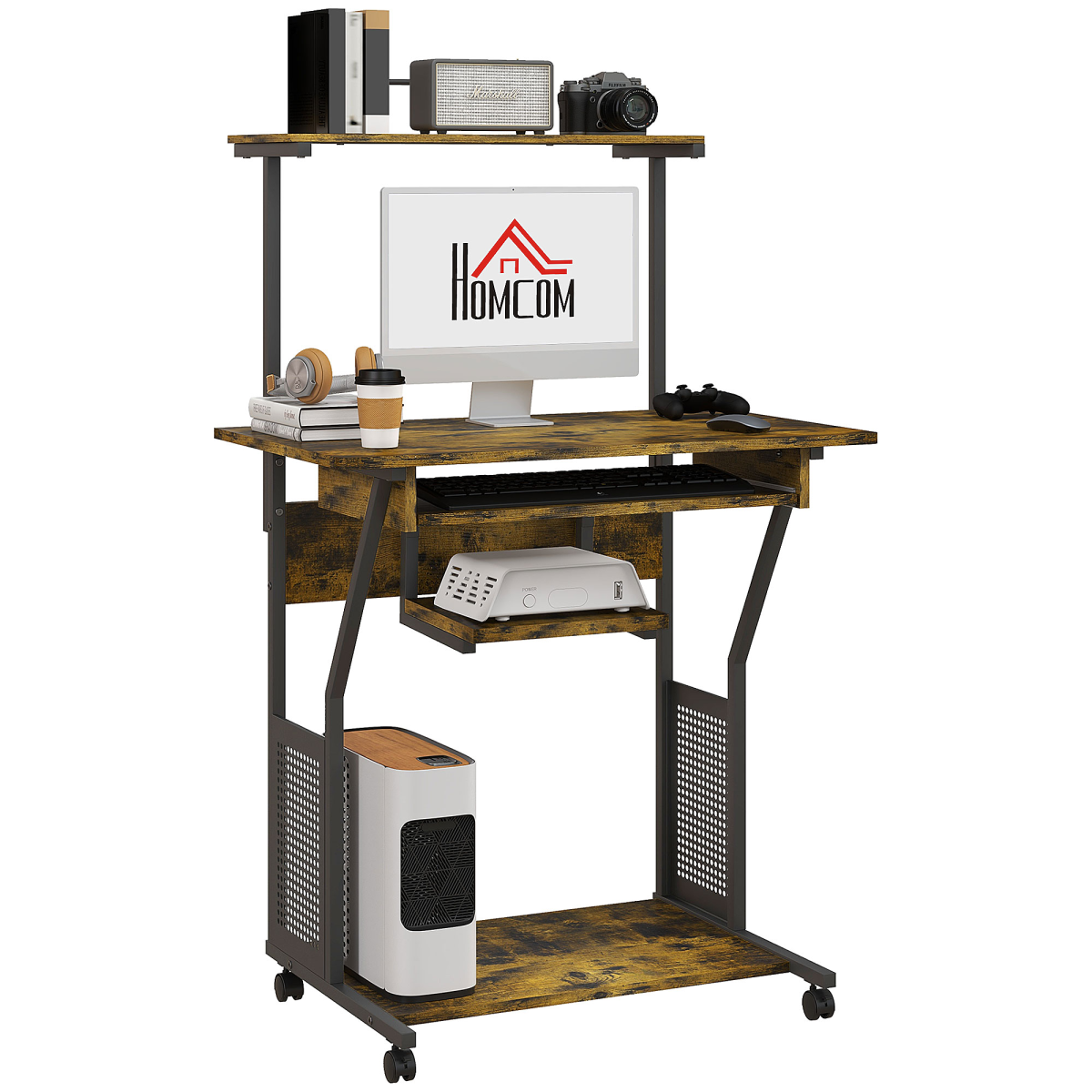 HOMCOM Rustic Brown Rolling Computer Desk with Keyboard Tray & Storage
