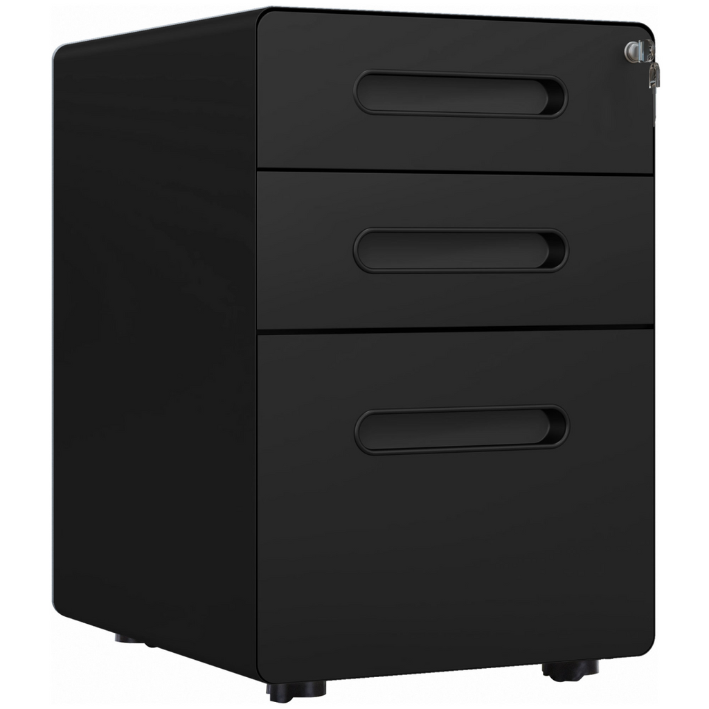 3 Draw Modern Steel Filing Cabinet w/ 4 Wheels Lock Pencil Box Black Vinsetto