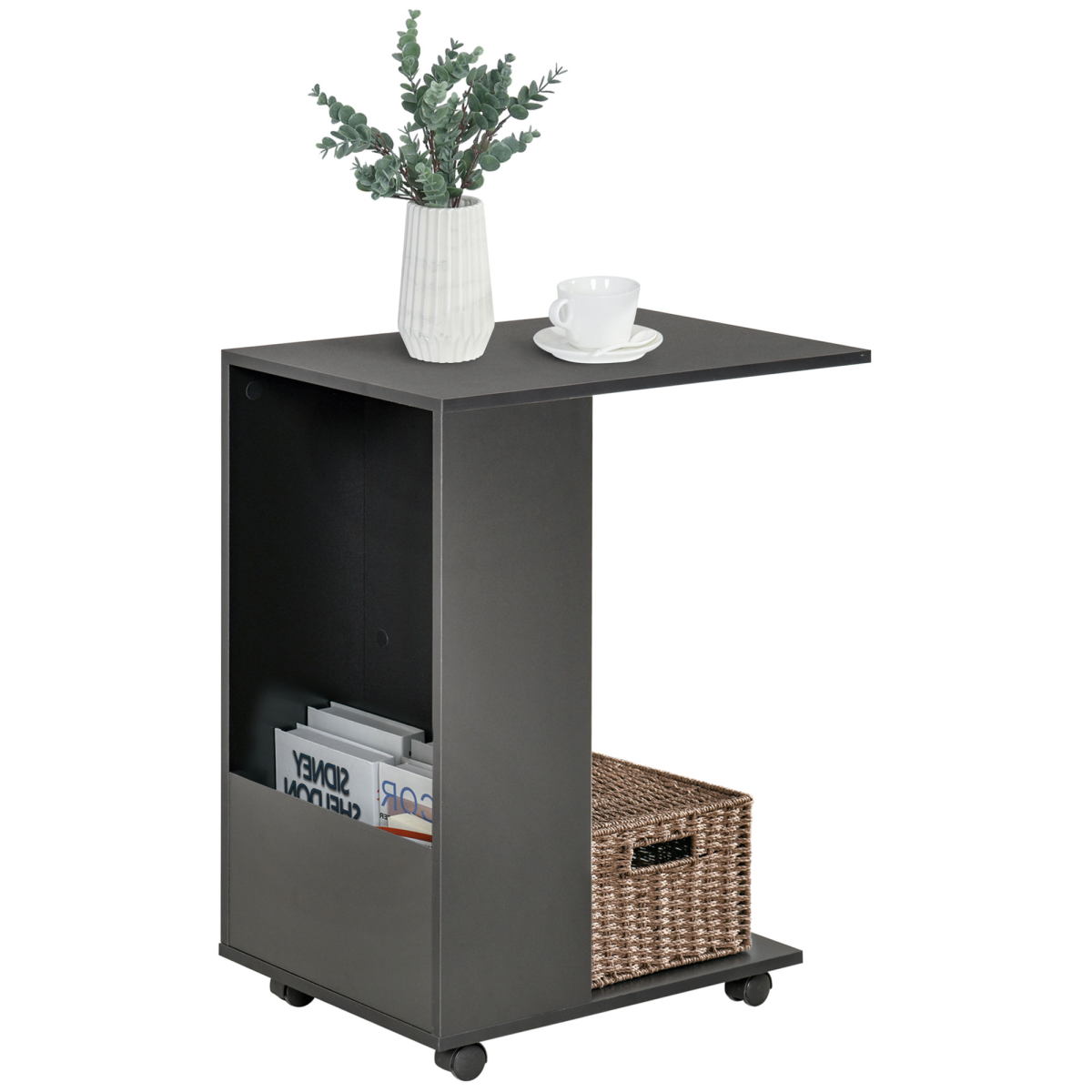 Mobile Sofa Side Table for Laptop Coffee w/ Storage and Casters, Black