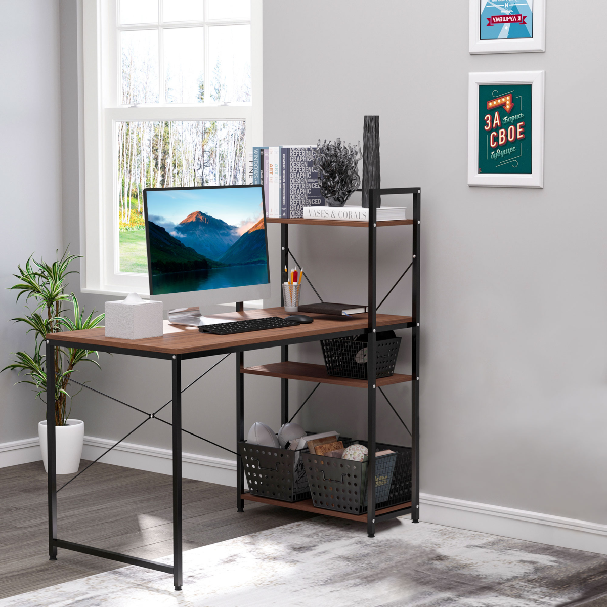 Computer Workstation, Metal Frame-Walnut/ Black