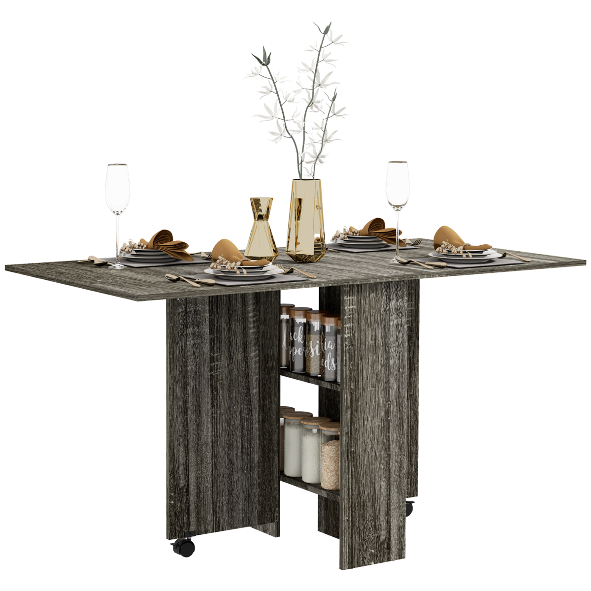 HOMCOM Mobile Drop Leaf Dining Table Folding Desk w/ 2 wheels Storage Shelves