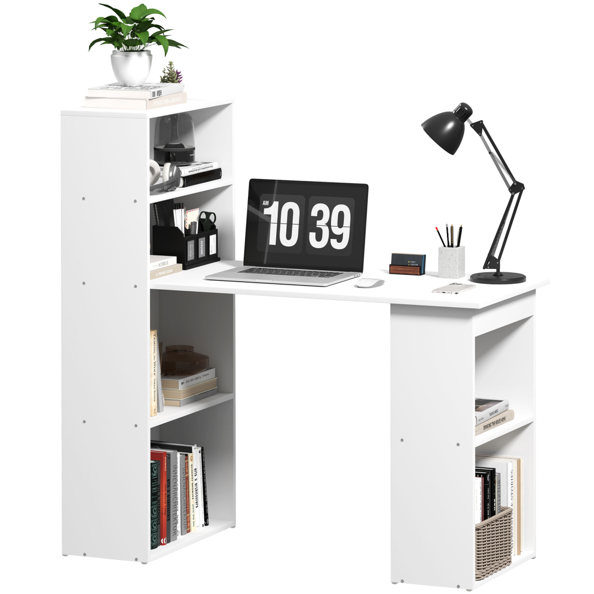Modern White Computer Desk & Bookshelf Combo – Sleek Workstation Solution