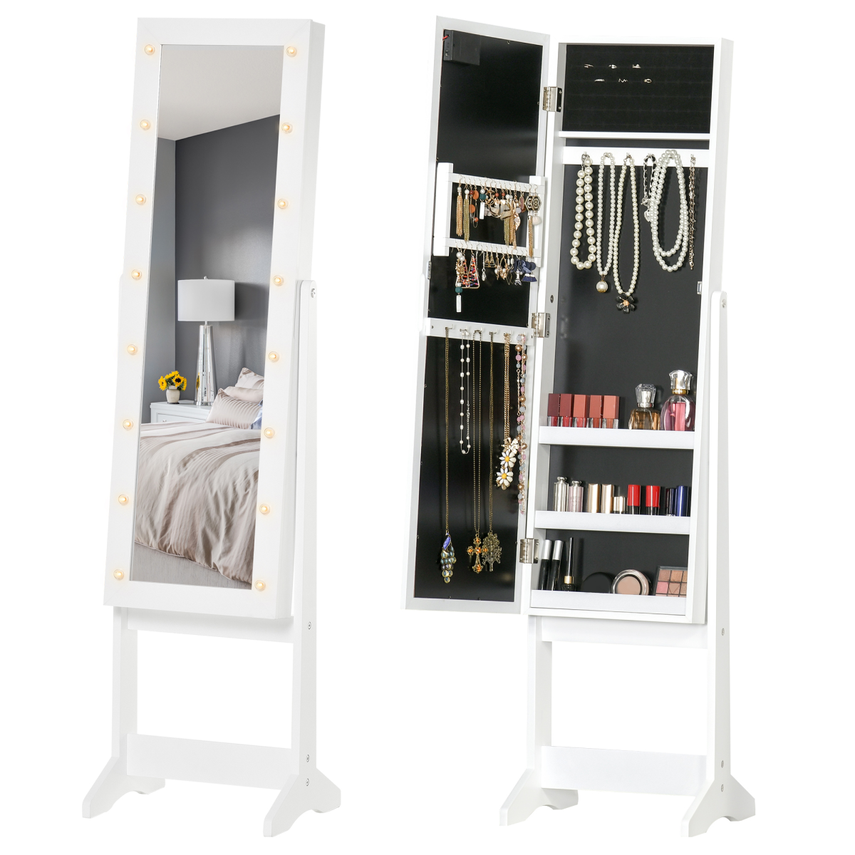 LED Mirrored Jewellery Cabinet, 36Lx30Wx136H cm-White