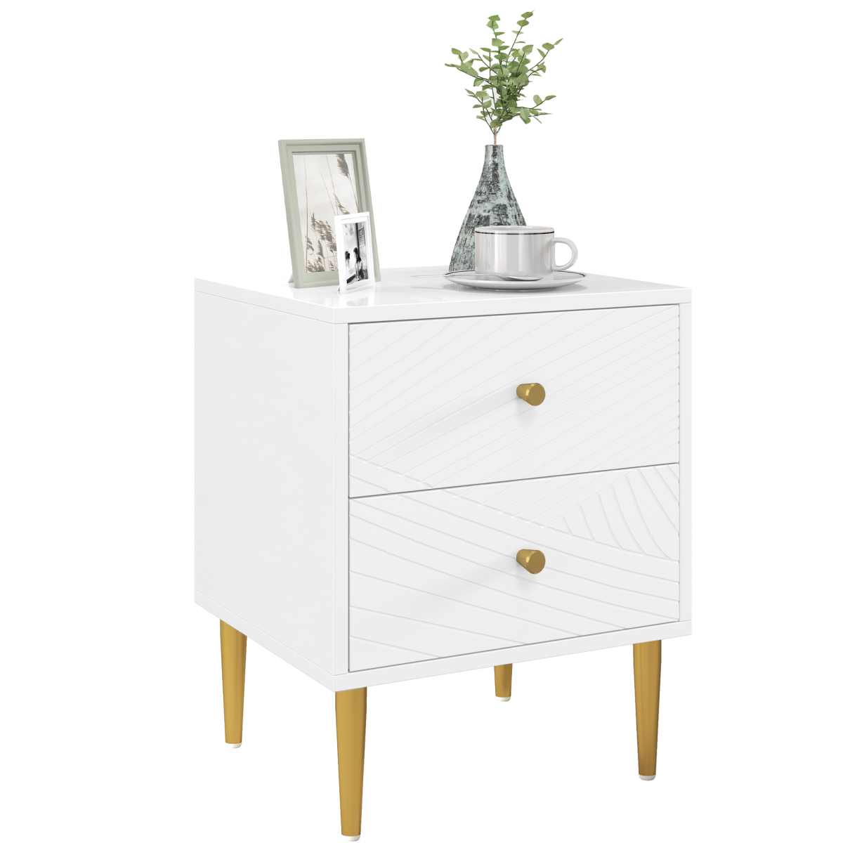 Elegant White Nightstand with Gold Handles & Storage Drawers