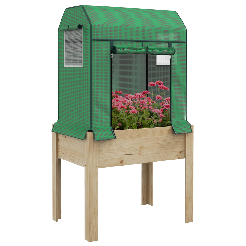 Outsunny Wooden Raised Planter with PE Greenhouse Cover and Bed Liner
