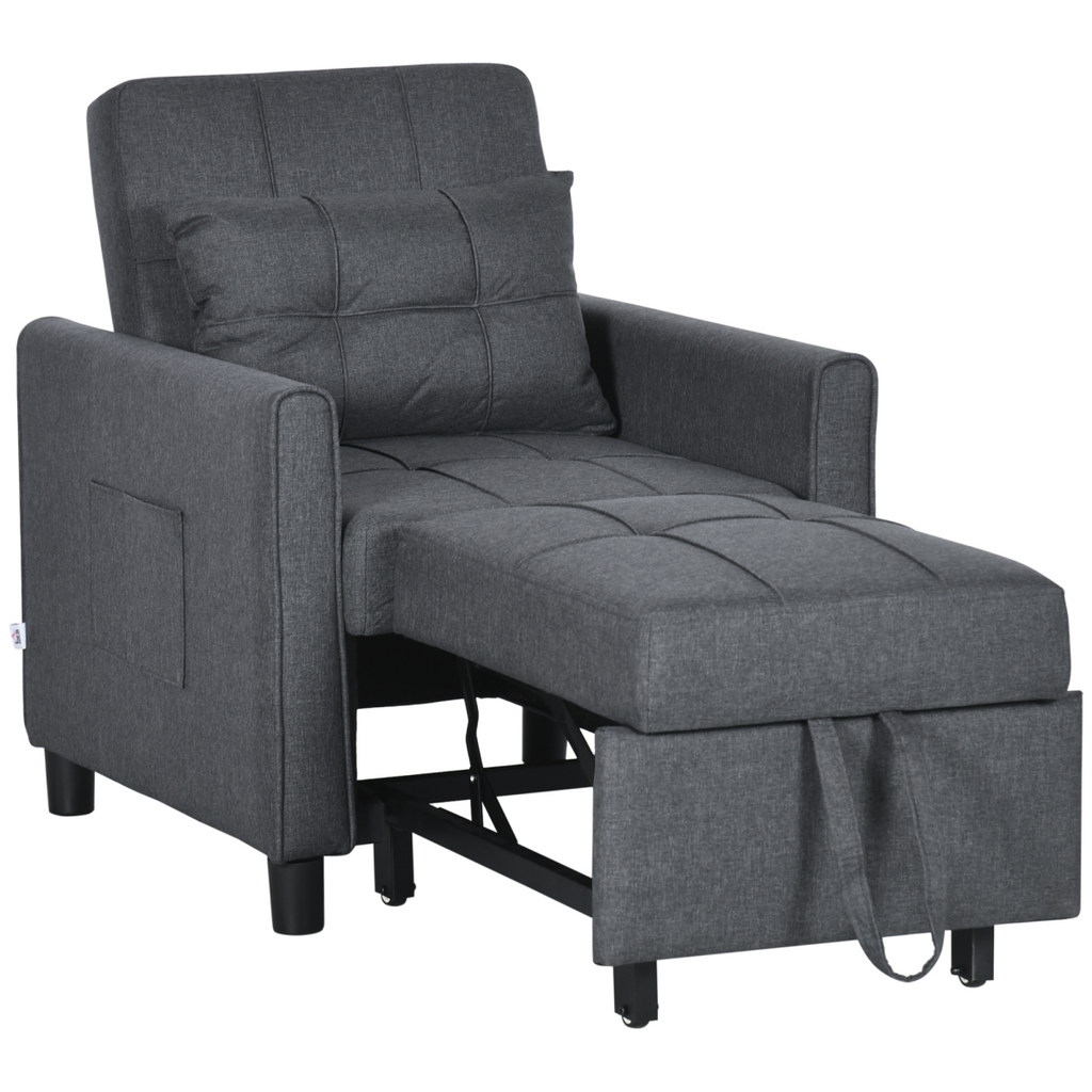 HOMCOM Pull Out Chair Bed, Sleeper Chair with Pillow, Side Pockets, Grey